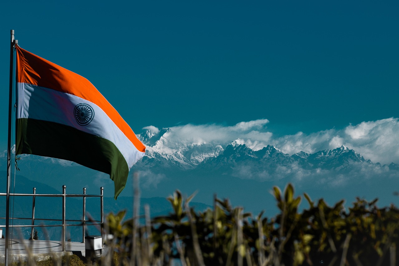 flag, india, mountains, nature, flag pole, indian flag, waving flag